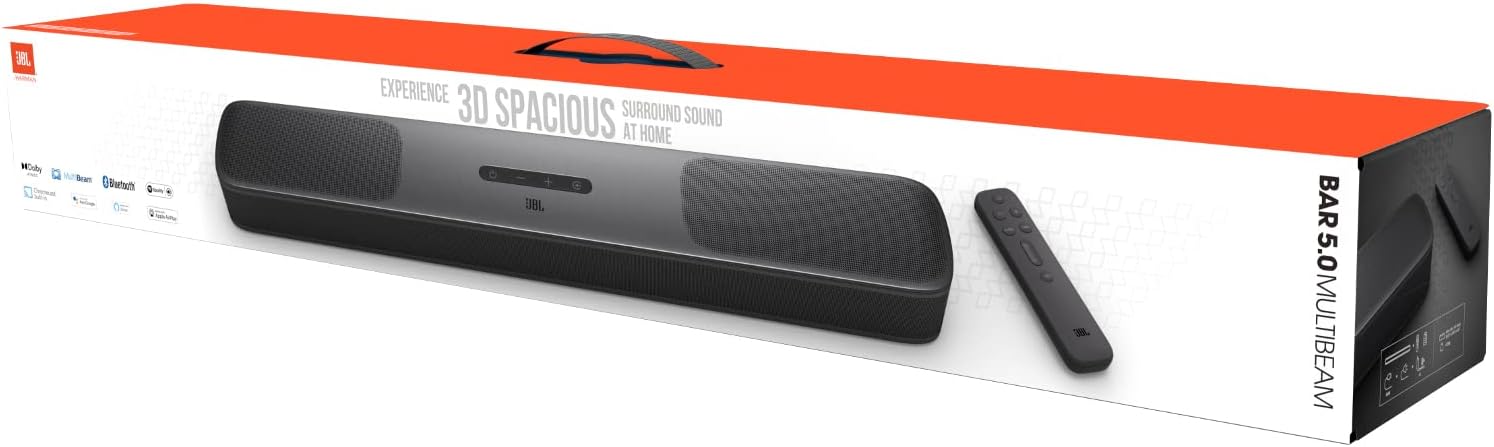 JBL Bar 5.0 MultiBeam 250W Virtual 5-Channel Soundbar - Dolby Atmos Compatibility, 802.11AC WiFi, Bluetooth 4.2 Connectivity, HDMI eARC, Voice Control