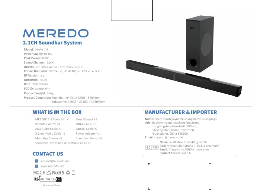 MEREDO Sound bar with Subwoofer 180W Detachable 2 in 1 Sound Bars for TV 2.1CH Treble Bass Adjust 5 EQ Modes ARC/Optical/AUX/Bluetooth 12L Deep Bass for Home Theater Wall Mount-37 Inch