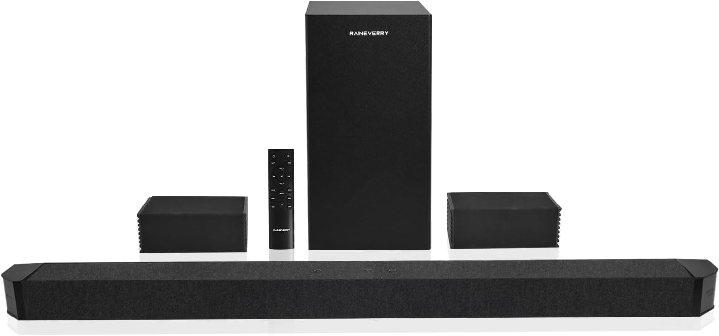 RAINEVERRY 5.1.2 Premium Sound Bar with Dolby Atmos, Surround Sound Bars for TV, Wireless Subwoofer, Home Theater Surround Sound System, Bluetooth 5.1, Work with 4K HD TVs| HDMI Optical