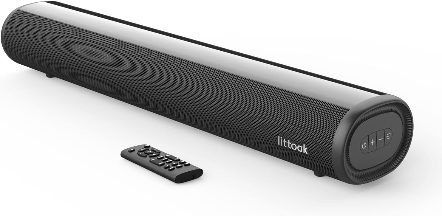 littoak Small Sound Bar for TV, Soundbar with Bluetooth 5.0/HDMI/Optical/USB/AUX/Coax Connection, 50 Watt 16 Inch Soundbars for Home Theater, Wall Mountable (SE04)