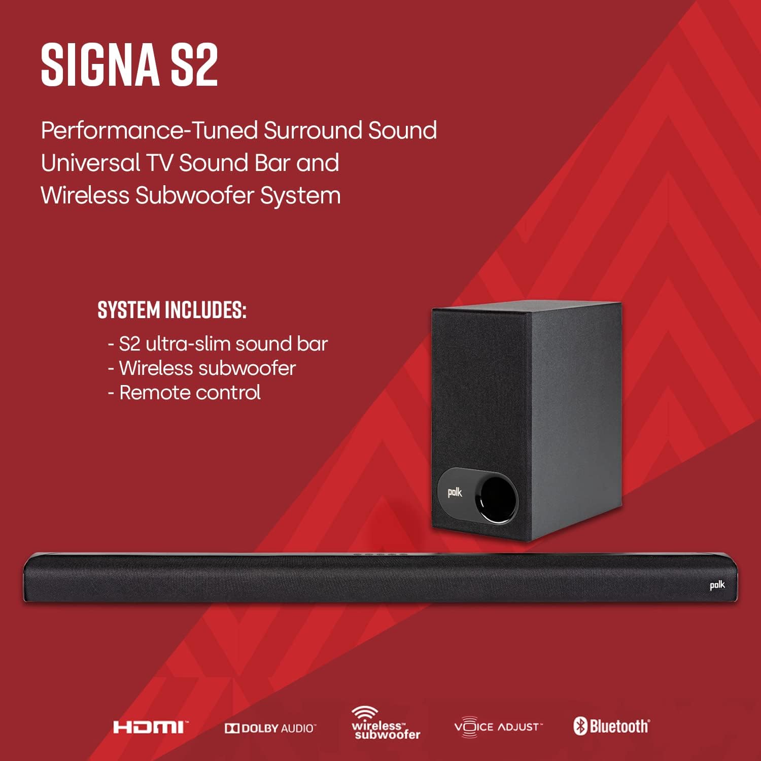 Polk Audio Signa S2 Ultra-Slim TV Sound Bar, Works with 4K HD TVs, Wireless Subwoofer, Includes HDMI Optical Cables, Bluetooth Enabled, Black