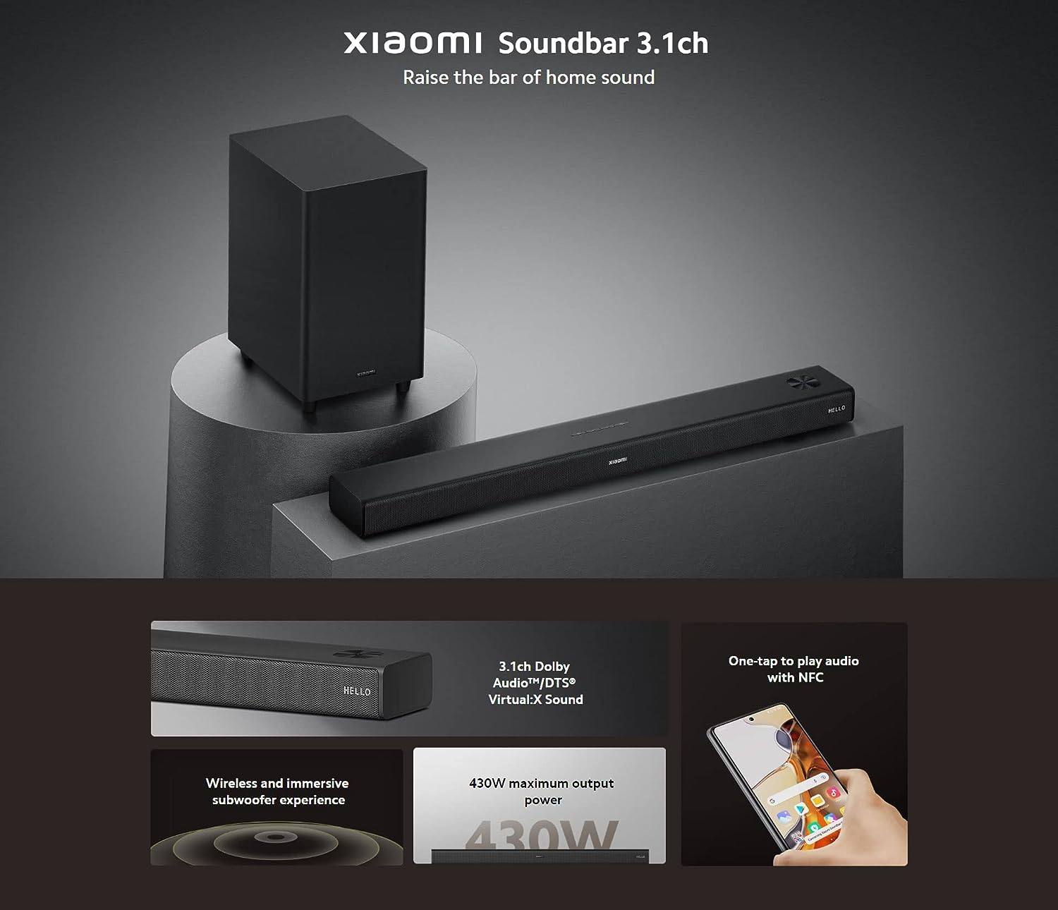 Xiaomi Soundbar 3.1ch, 430W Max Power, 3.1ch DTS® Virtual X Sound, One-tap to Play Audio with NFC, Wireless and immersive subwoofer Experience