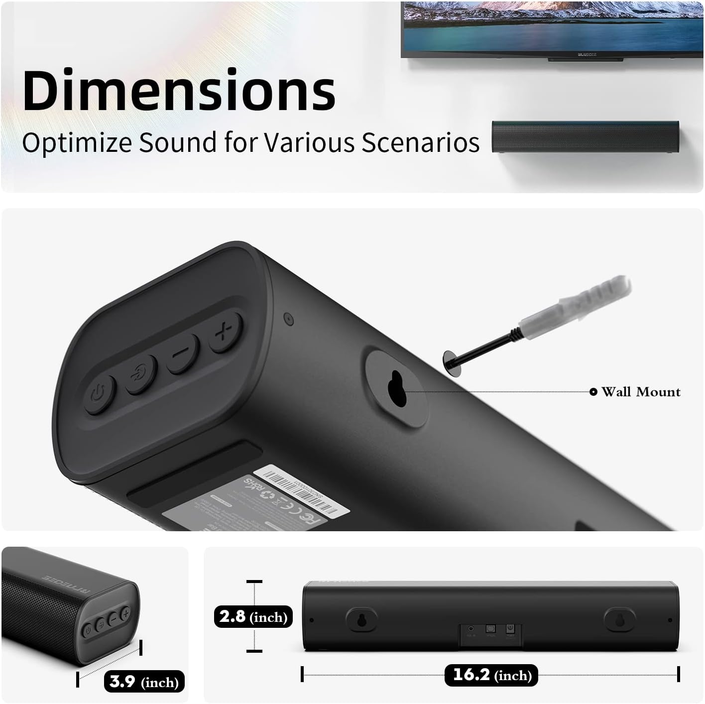 Sound Bars for TV 16-inch, Cinematic TV Sound Bar with Impactful Bass, Bluetooth Soundbar for TV with Remote Control, Wall Mountable TV Speakers Sound Bar Work with Traditional or Smart TV, Computer