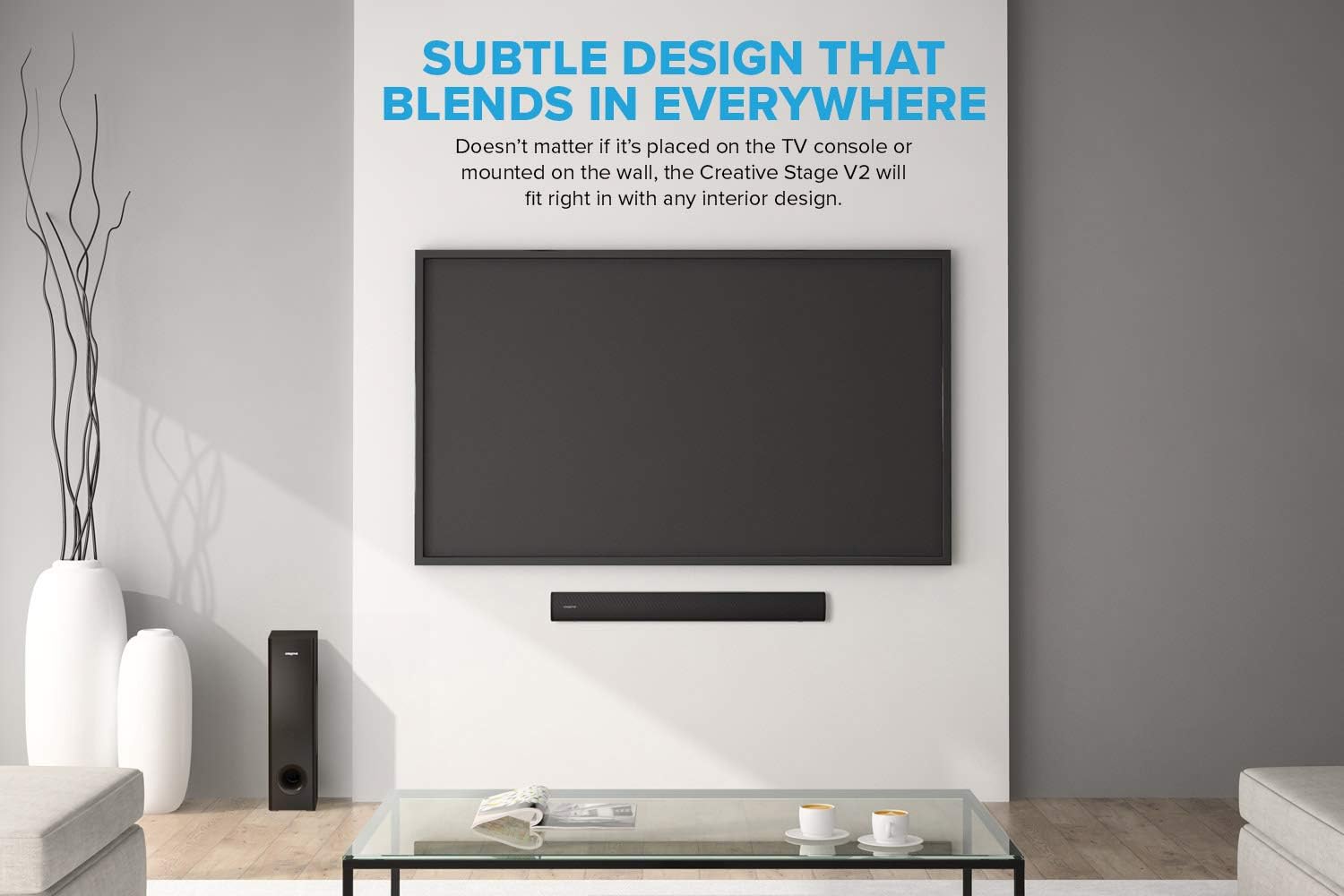 Creative Stage V2 2.1 Soundbar with Subwoofer, Clear Dialog and Surround by Sound Blaster, Bluetooth 5.0, TV ARC, Optical, and USB Audio, Wall Mountable, Adjustable Bass and Treble, for TV