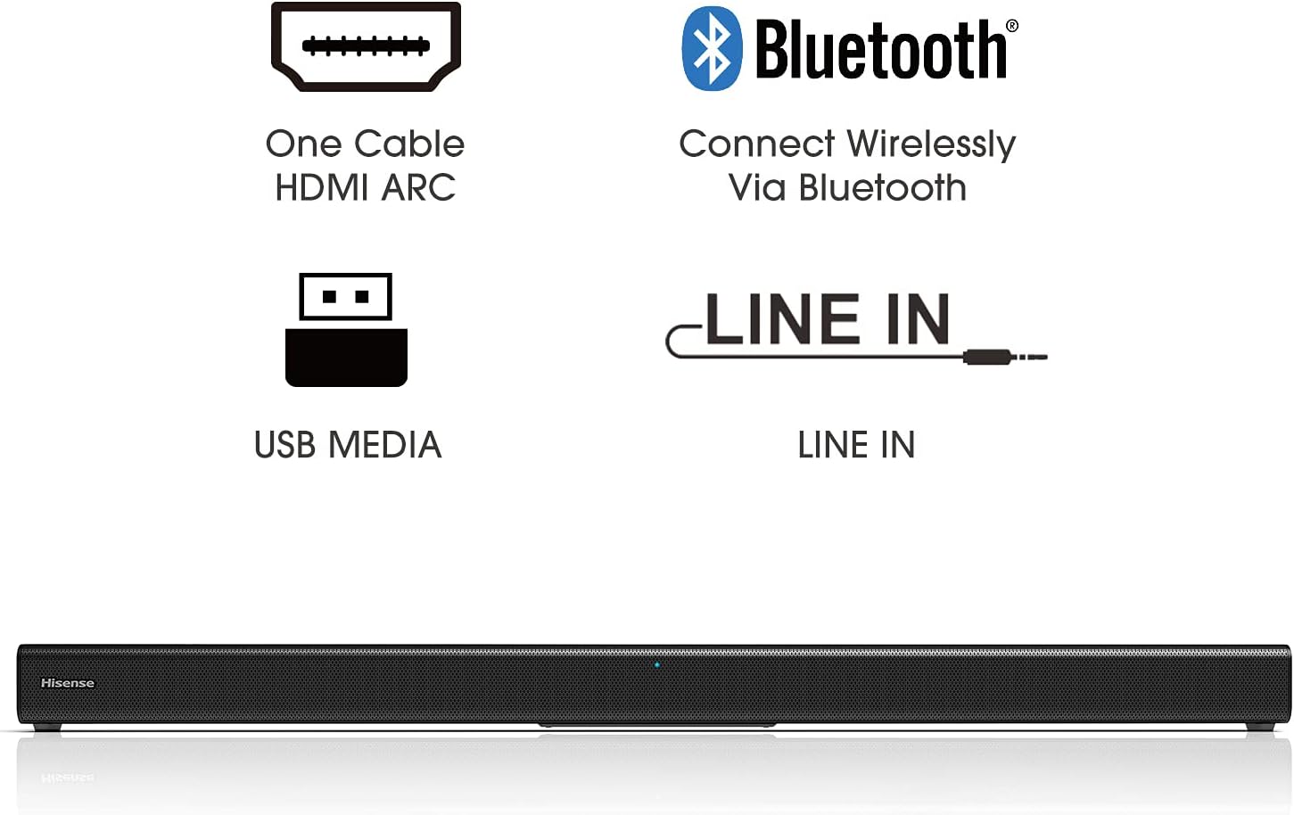 Hisense HS205 2.0ch Sound Bar, 60W, Roku TV ready, Enhance TV enjoyment, Bluetooth, HDMI ARC/Optical/AUX/USB, 3 EQ Modes, Black