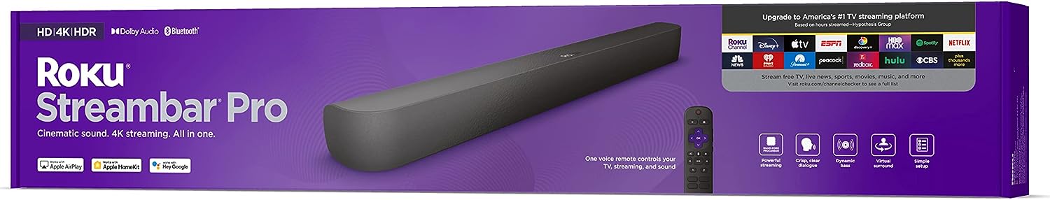 Roku Streambar Pro | 4K HDR Streaming Device Cinematic Roku Soundbar All In One, Roku Voice Remote, Free Live TV,Black