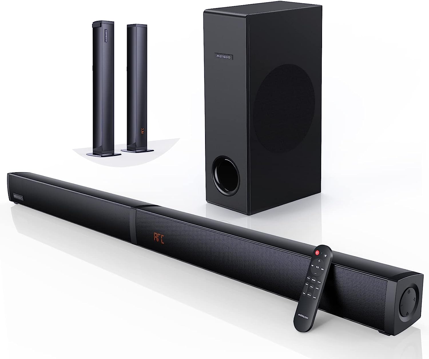 MEREDO Sound bar with Subwoofer 180W Detachable 2 in 1 Sound Bars for TV 2.1CH Treble Bass Adjust 5 EQ Modes ARC/Optical/AUX/Bluetooth 12L Deep Bass for Home Theater Wall Mount-37 Inch