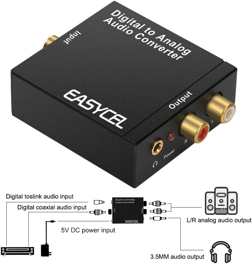 EASYCEL Audio Digital to Analog Converter DAC with 3.5mm Jack, Optical SPDIF Toslink Coaxial to Analog Stereo L/R Converter with Optical Cable and Power Adapter for PS3 PS4 Xbox Roku