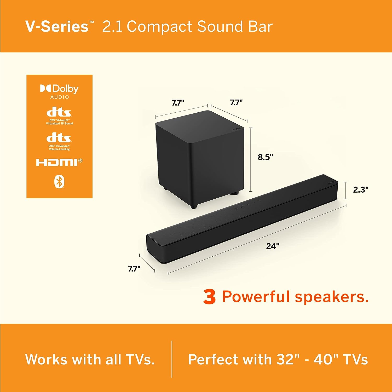 VIZIO V-Series 2.1 Compact Home Theater Sound Bar with DTS Virtual:X, Bluetooth, Wireless Subwoofer, Voice Assistant Compatible, Includes Remote Control - V21t-J8