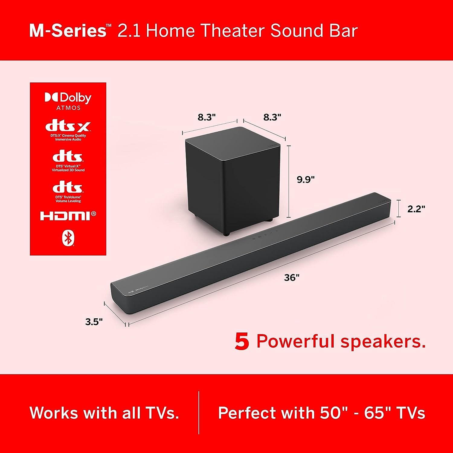 VIZIO M-Series 2.1 Sound Bar with Dolby Atmos and DTS:X, Wireless Subwoofer, M215a-J6 (HDMI)-Black