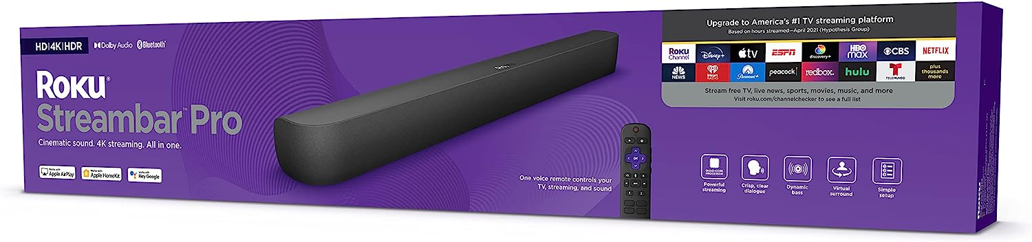 Roku Streambar Pro | 4K/HD/HDR Streaming Media Player Cinematic Sound, All In One, Roku Voice Remote with Headphone Jack for Private Listening, Personal Shortcut Buttons, and TV Controls (Renewed)