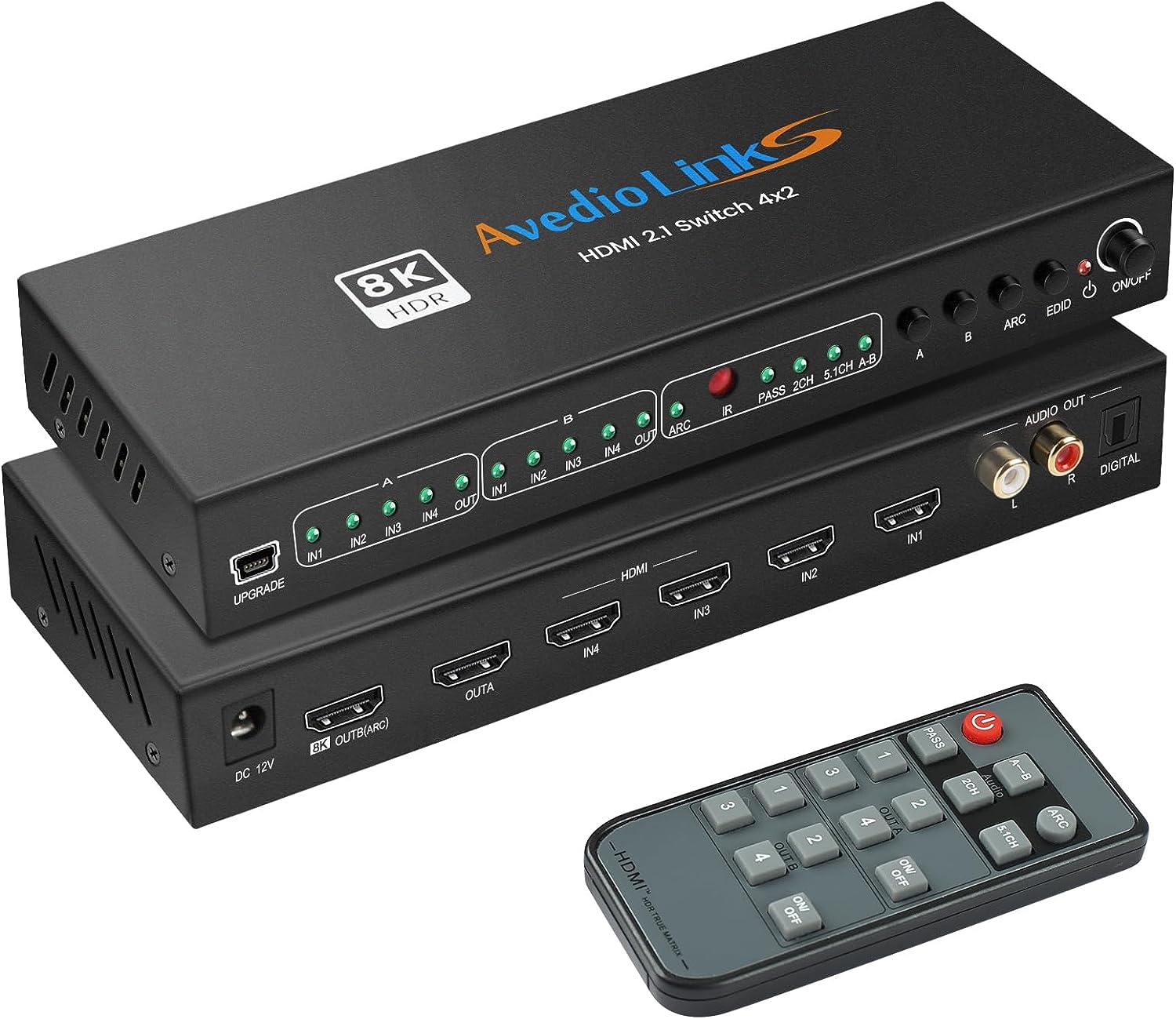 8K@60Hz HDMI Matrix Switch 4X2 with ARC, avedio links 4 in 2 Out HDMI2.1 Matrix HDMI Video Switcher Splitter+ Optical L/R Audio Extractor, Support 4K@120Hz HDR10 HDCP2.3 Auto Downscale with IR Remote