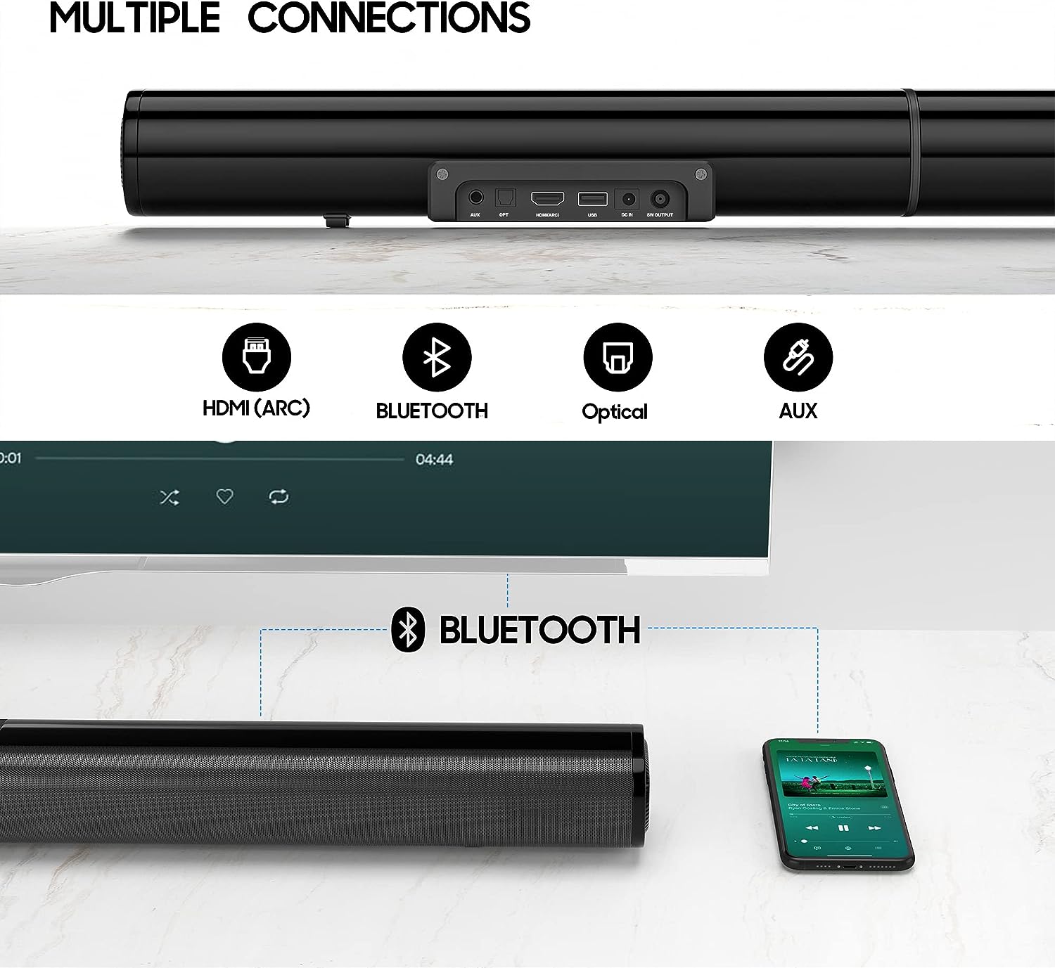 Sound Bar for TV, PHEANOO 2.1 CH Soundbar with Subwoofer, HDMI(ARC)/Bluetooth 5.0/Optical/AUX Connectivity – D5