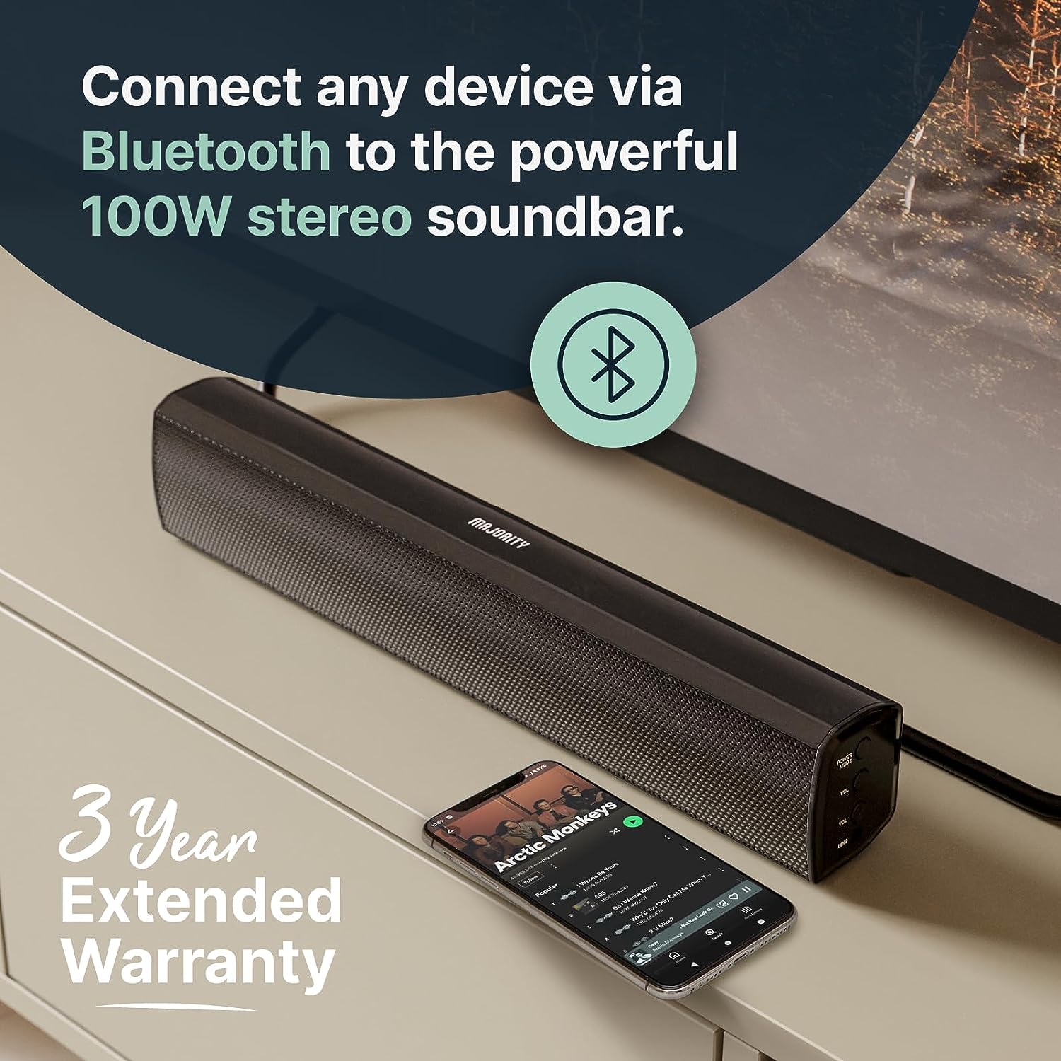 Majority Soundbar with Subwoofer for TV, 15 inch Bluetooth Sound Bar 100 Watts, Home Audio Speaker, Small TV and PC Soundbar | AUX, RCA, Optical, USB | Gaming, Music, Movies Bowfell Plus