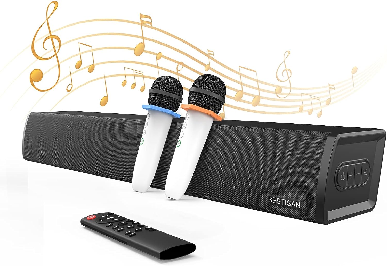 BESTISAN Soundbar for TV, Bluetooth 5.0 Sound Bar with 2 Wireless Microphone, Handheld Wireless Karaoke Microphone for Kids, Sound Bar for Adults/Kids Singing, Optical/AUX/Coax