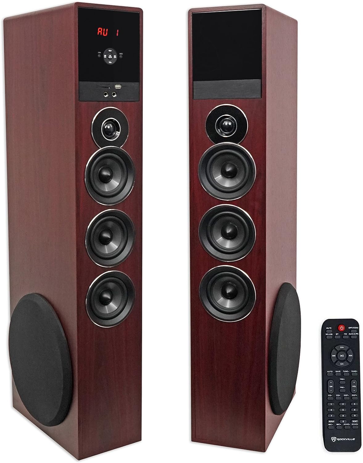 Rockville TM150C Cherry Powered Home Theater Tower Speakers 10 Sub/Bluetooth/USB