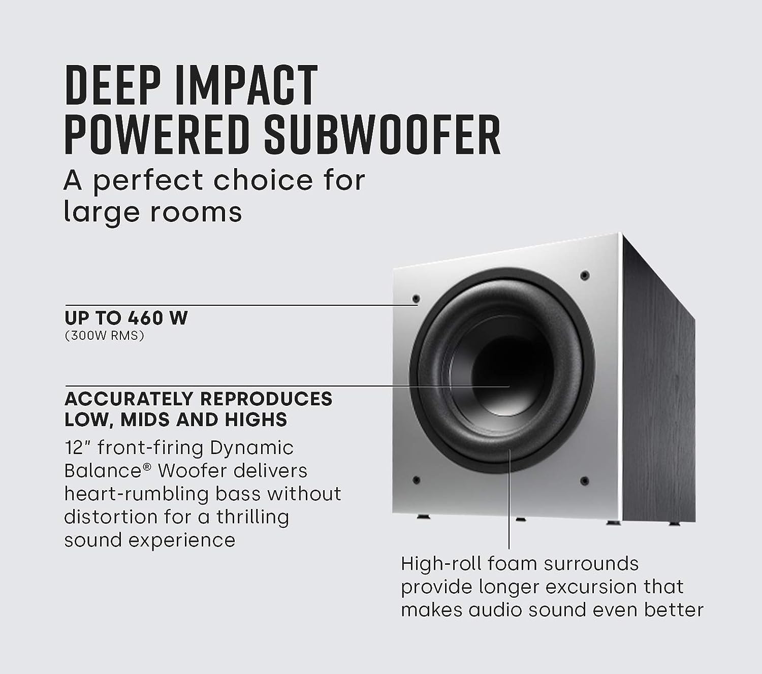 Polk Audio PSW505 12 Powered Subwoofer - Deep Bass Impact Distortion-Free Sound, Up to 460 Watts, Easy Integration with Home Theater Systems, BLACK