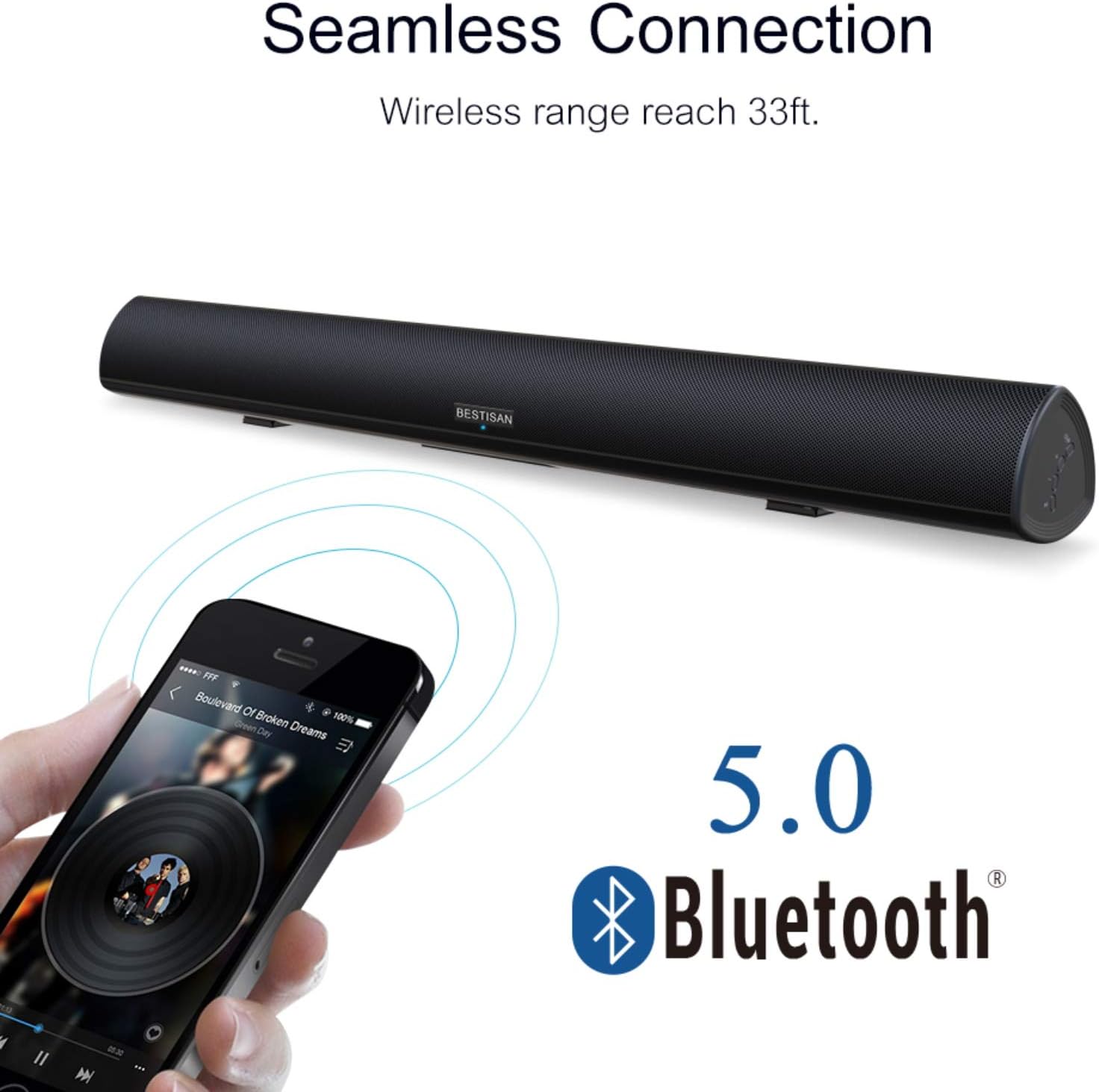80Watt 34Inch Sound bar, Bestisan Soundbar Bluetooth 5.0 Wireless and Wired Home Theater Speaker (DSP, Bass Adjustable, Optical Cable Included, Worry-Free 90-Day Trial)