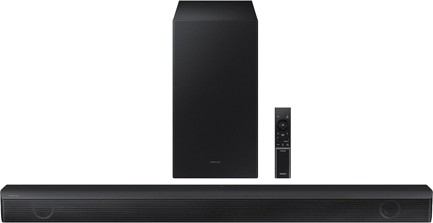 SAMSUNG HW-B550/ZA 2.1ch Soundbar w/Dolby Audio, DTS Virtual:X, Bass Boosted, Subwoofer Included, Adaptive Sound Lite, Bluetooth Multi Device Connection, Wireless Surround Sound Compatible, 2022,Black