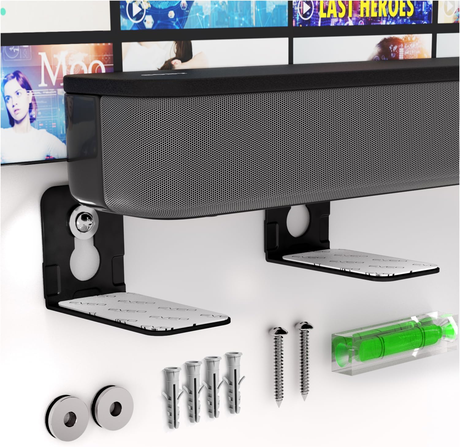 EVEO Universal Soundbar Mount - Heavy Duty Deep L-Bracket Sound Bar Mount Under TV Or Over, for Samsung, JBL, Bose, Sony, LG, Sonos, Roku Other Brands - Easy to Install Sound Bar Wall Mount Shelf