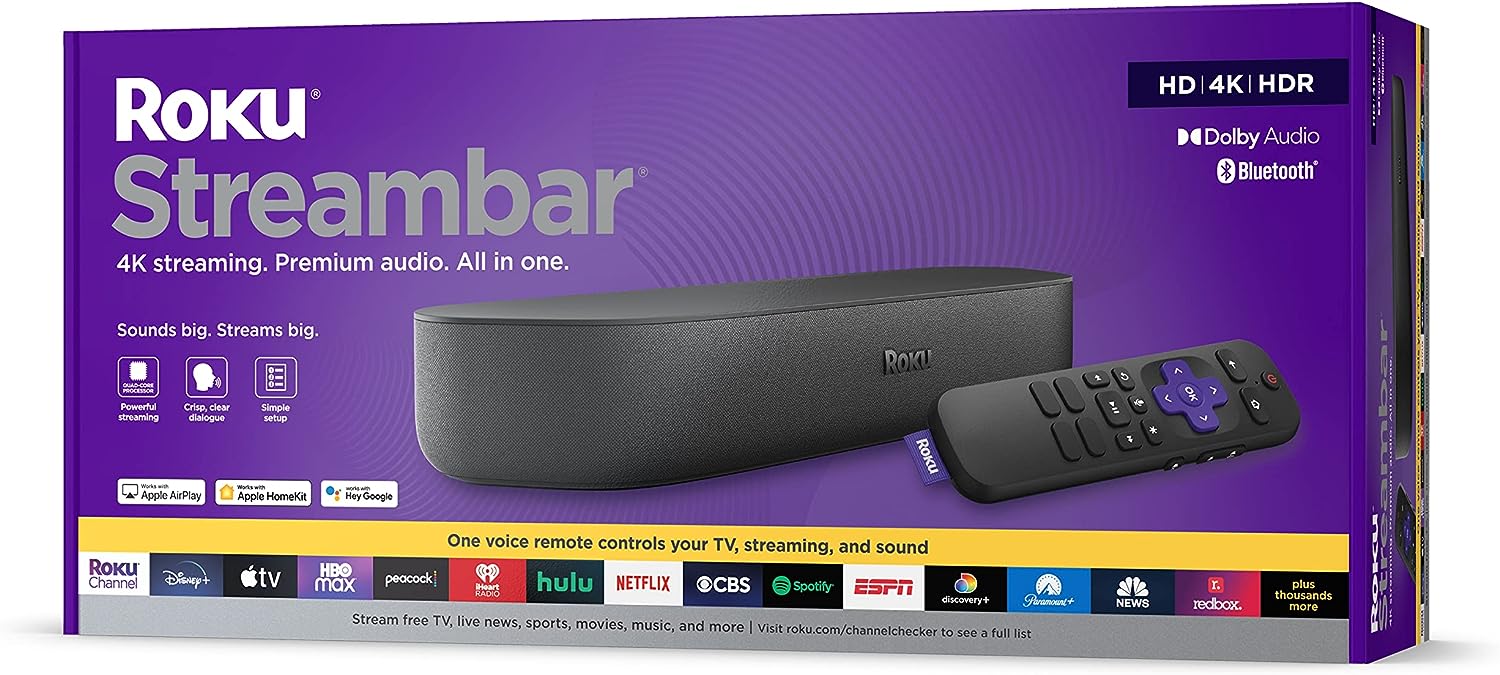 Roku Streambar | 4K/HD/HDR Streaming Media Player Premium Audio, All In One, Includes Roku Voice Remote (Renewed)