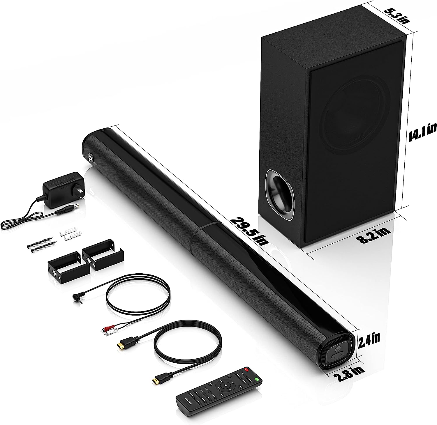 Sound Bar for TV, PHEANOO 2.1 CH Soundbar with Subwoofer, HDMI(ARC)/Bluetooth 5.0/Optical/AUX Connectivity – D5