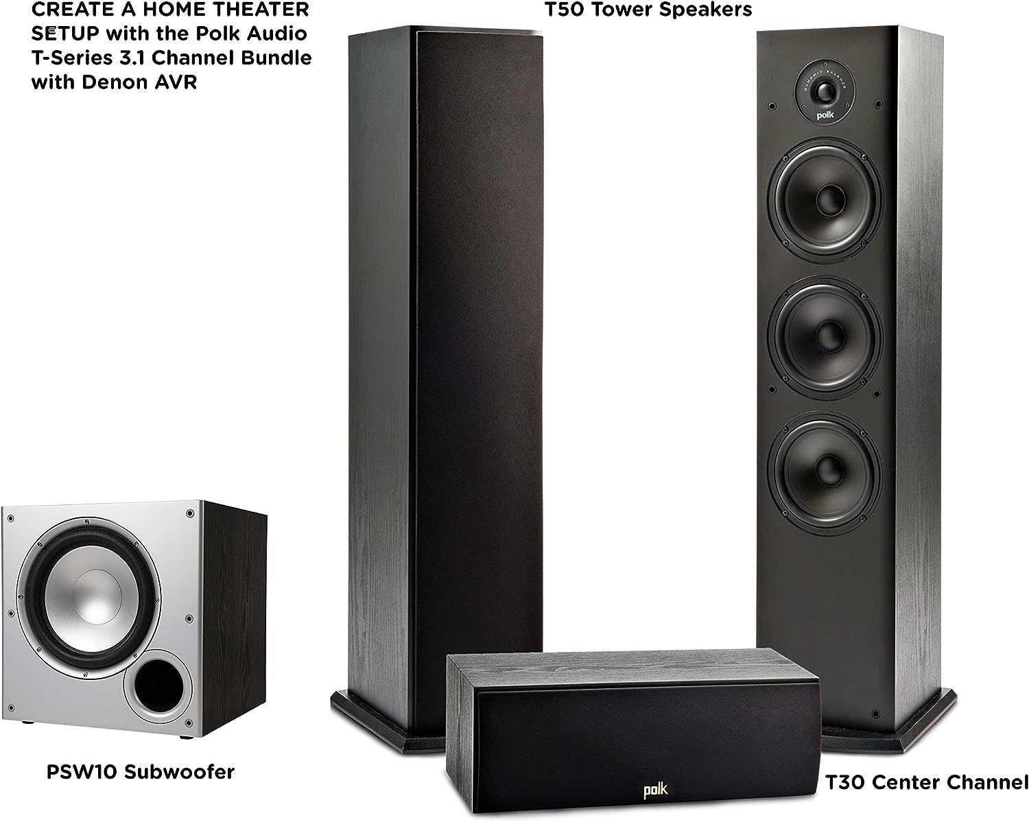 Polk Audio T Series 3.1 Channel Complete Home Theater System with Powered Subwoofer | One (1) T30 Center Channel, Two (2) T50 Tower Speakers | Wi-Fi, Alexa, HEOS Built-in