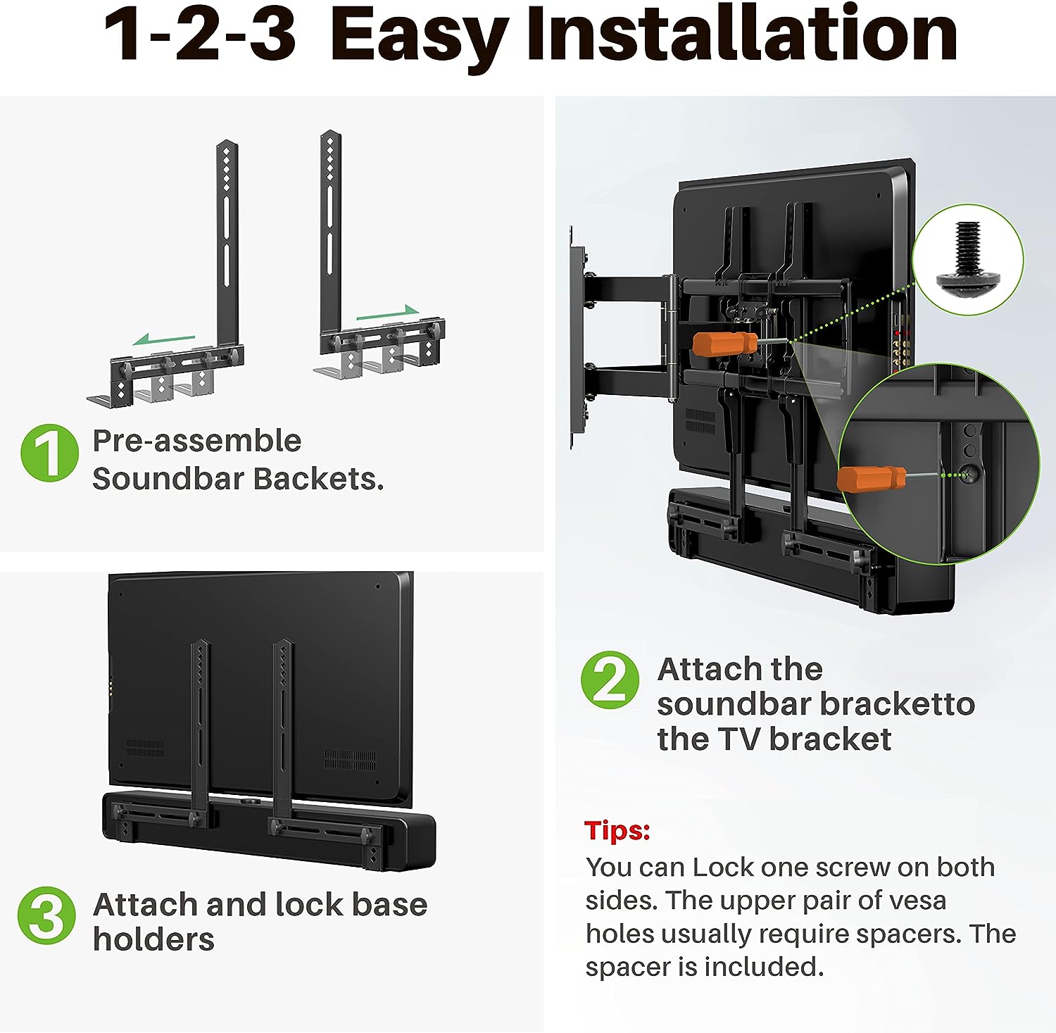 USX MOUNT Soundbar Mount Sound Bar TV Mount for Mounting Above or Under TV, Sound Bar Mount Up to 13.2 lbs, Two Removable and Lockable Hooks for Back or Bottom Holes