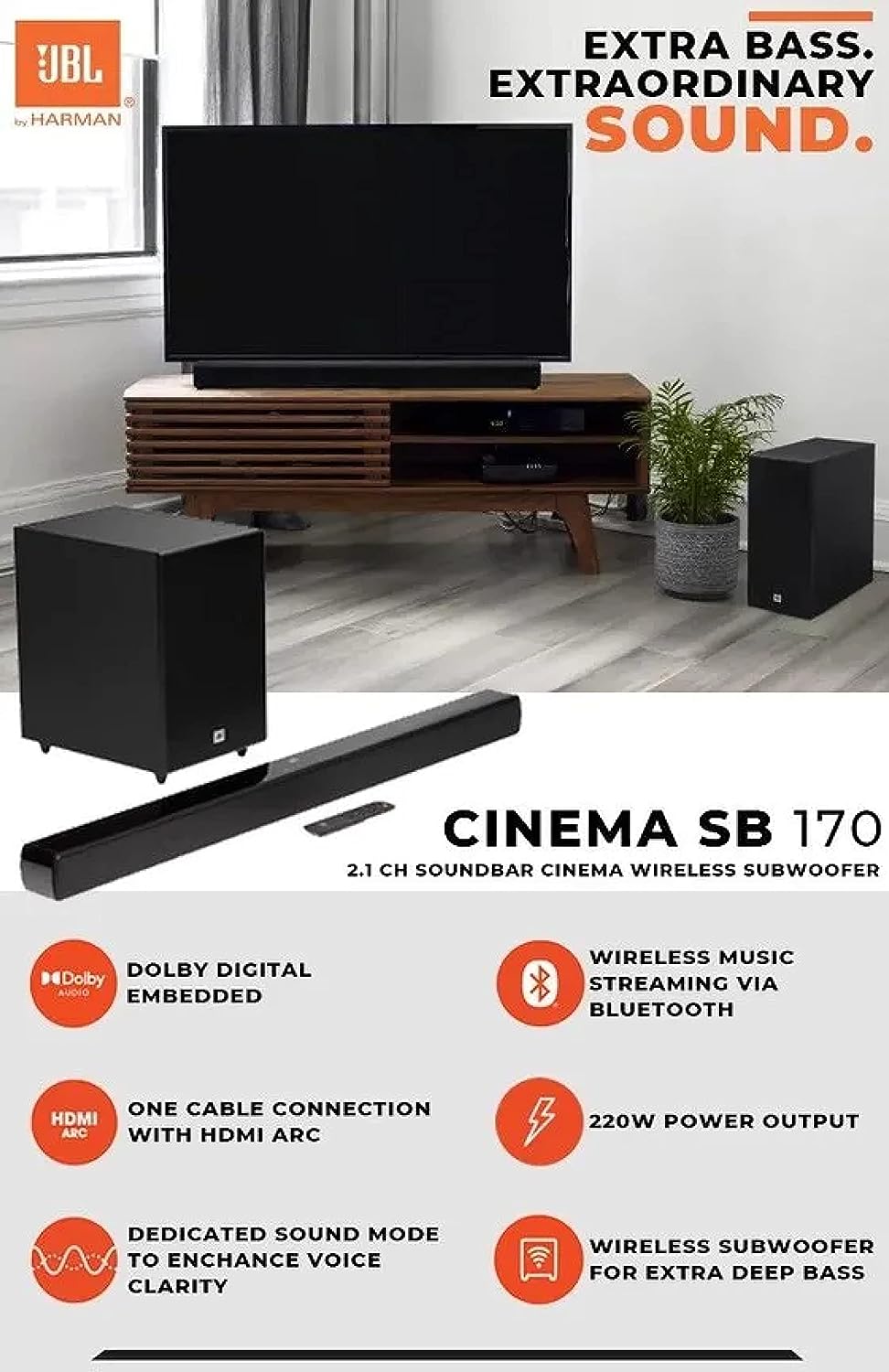 JBL Bar 2.1 - Channel Soundbar with Wireless Subwoofer