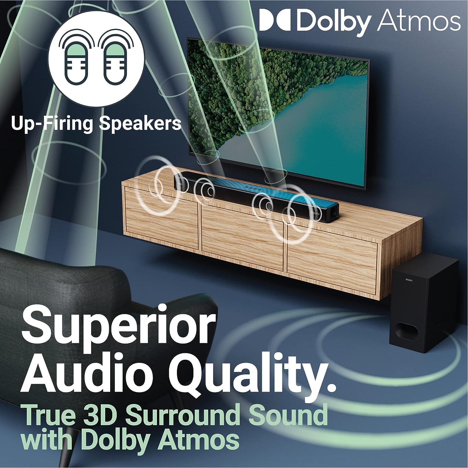 Majority Sierra 2.1.2 Dolby Atmos Soundbar with Wireless Subwoofer I 400W Powerful Sound Bar for TV | Home Theatre 3D Audio with Up-Firing Atmos Speakers | HDMI ARC, Bluetooth, USB AUX