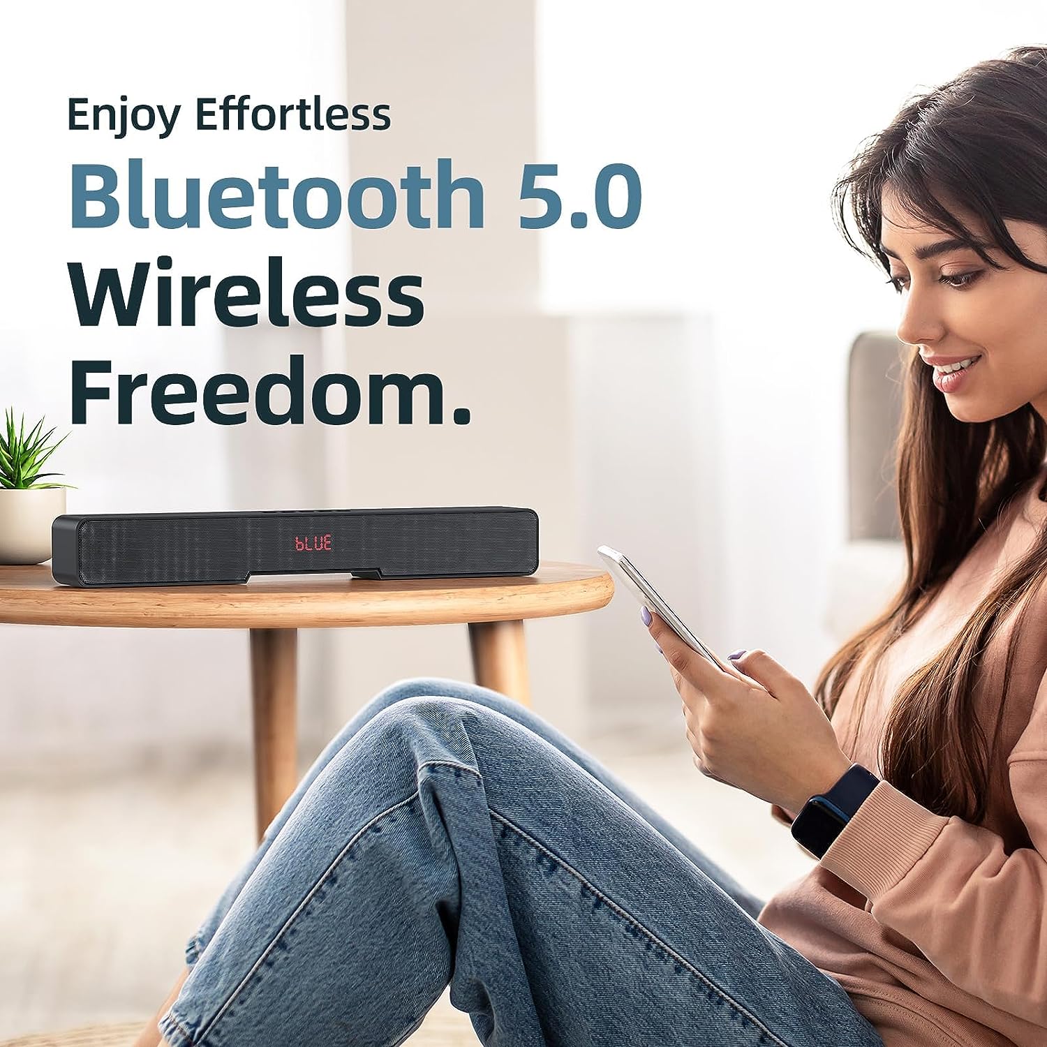 KOOSODIO Small Sound Bar for TV and PC | HDMI/Opt/RCA/Coax (Cable Provided) | AUX/USB Bluetooth 5.0 Connectivity | Compact Speaker for TV/PC/Laptop/Tablets/Projector | 4 EQ Modes - Black