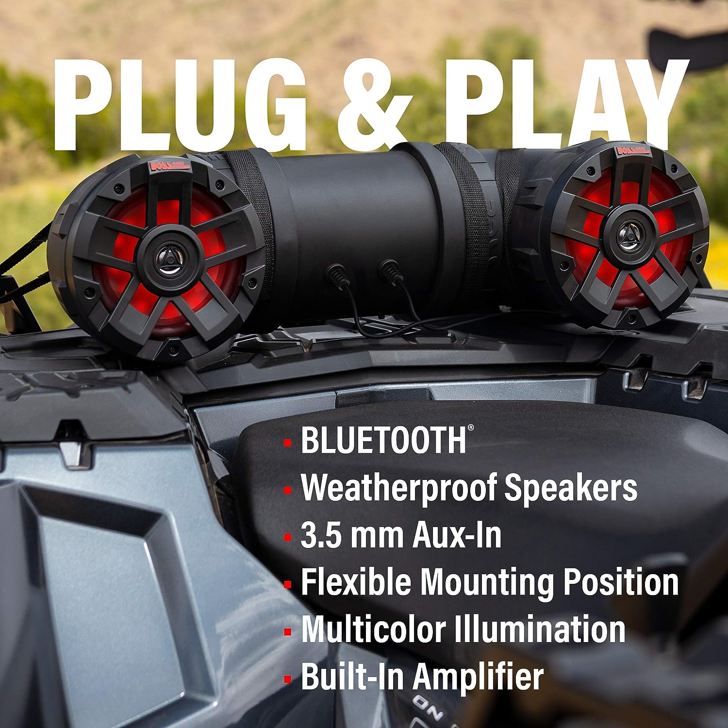 BOSS Audio Systems ATV8BRGB ATV UTV Weatherproof Sound System - 8 Inch Speakers, 1.5 Inch Tweeters, Built-in Amplifier, Bluetooth, Multi-Color Illumination, Easy Installation for 12 Volt Vehicles