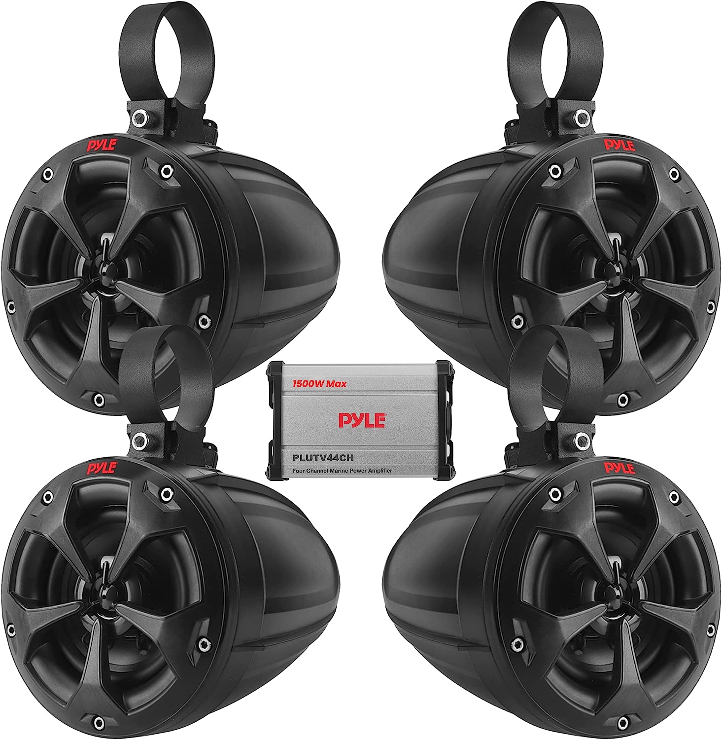 Pyle Waterproof Off-Road Speakers with Amplifier - 4-Inch Marine Grade Speakers for Outdoor Audio - 1500W 4-Channel System - ATV, UTV, Quad, Jeep, Boat Compatible